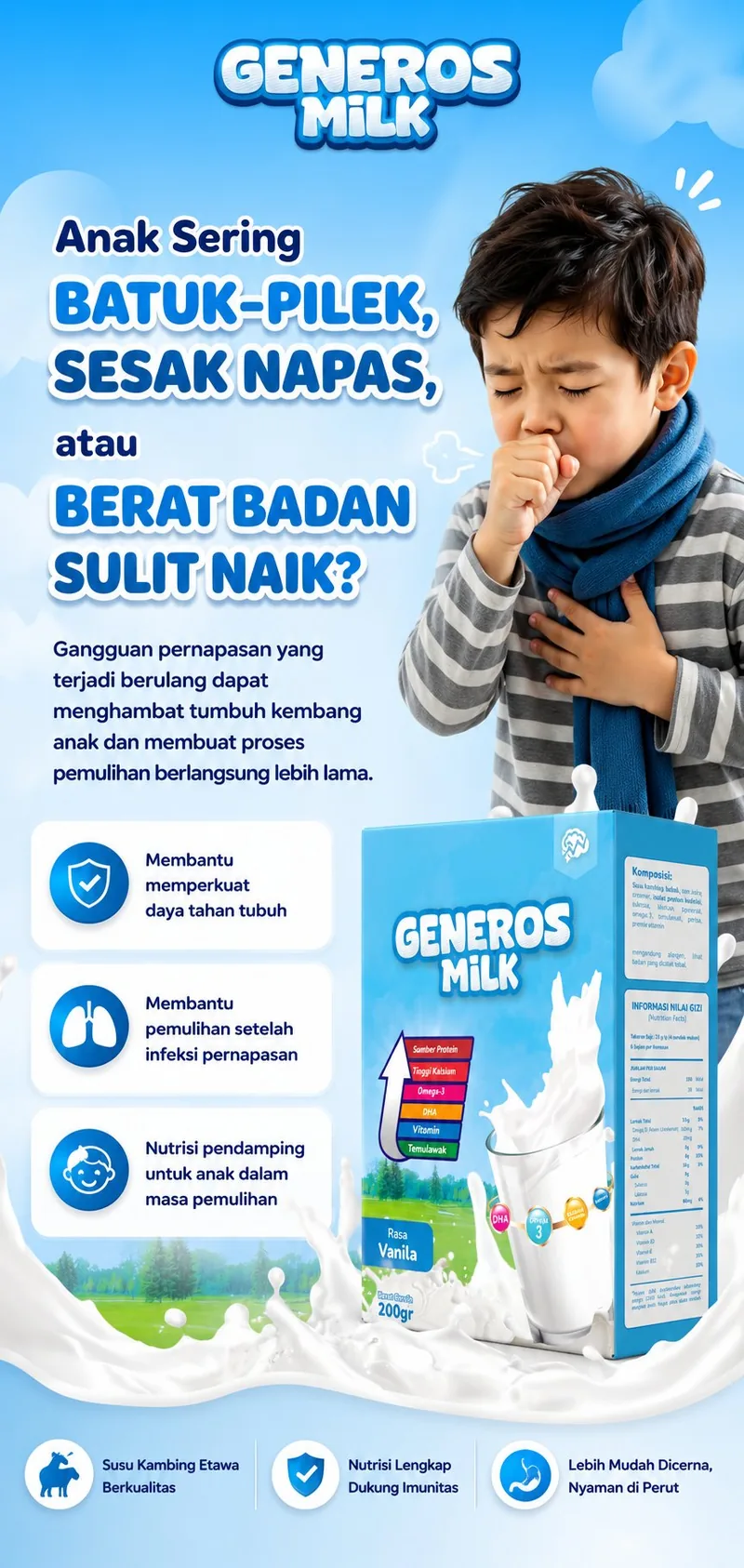 Generos Milk – Anak Sering Batuk Pilek, Sesak Napas, atau Berat Badan Sulit Naik?